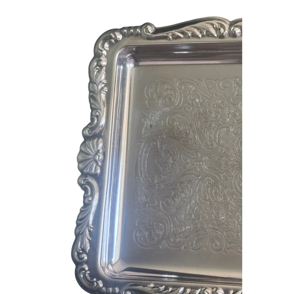 Vintage Vintage Silver Plate Rectangular Serving Tray Etched Scroll Shells